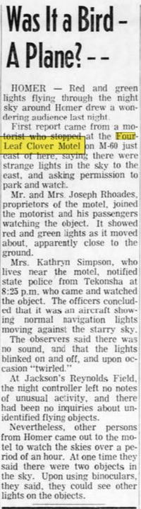 Four Leaf Clover Motel - March 1966 Ufo Report